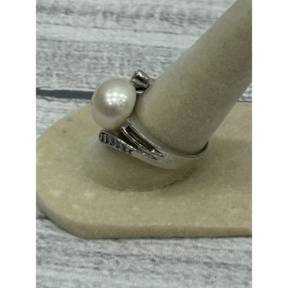 Sterling Silver 925 Pearl Cocktail‎ Ring Pave Accent Stones Split Shank Design 7 - Picture 3 of 9